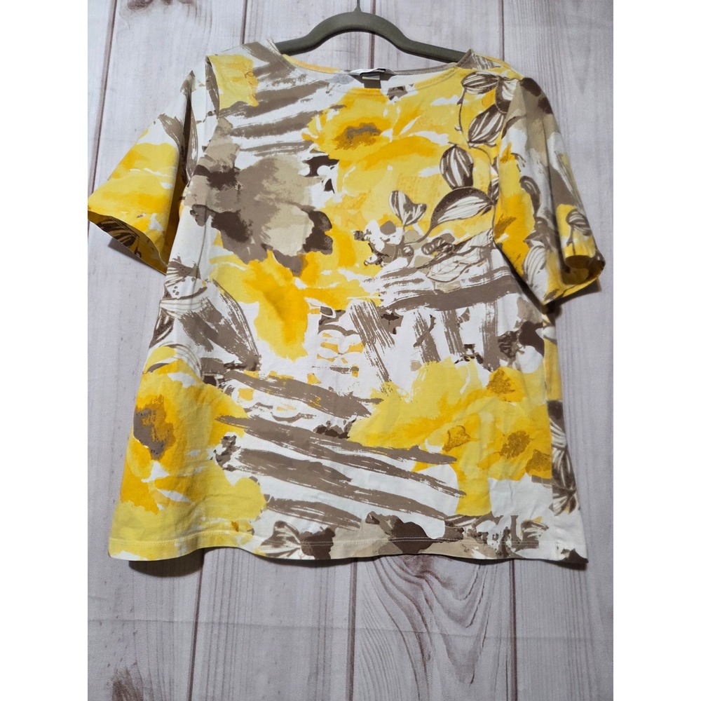 Christopher & Banks Womens Large Yellow Floral Short Sleeve Cotton Blend Tee Top